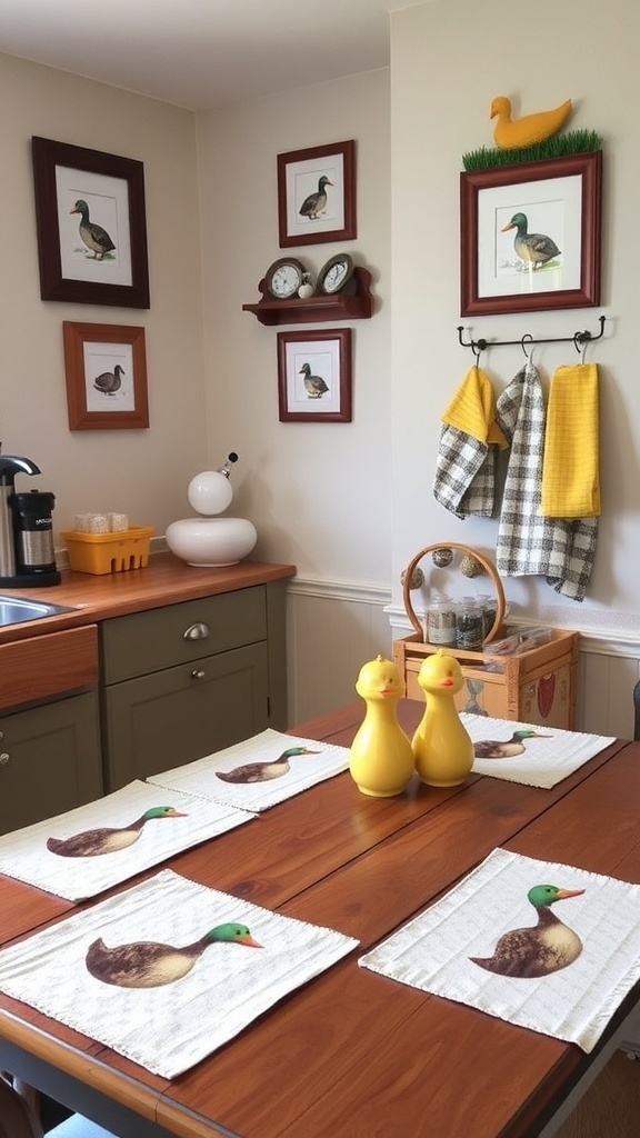 A kitchen decorated with duck-themed items including wall art, dish towels, and figurines.